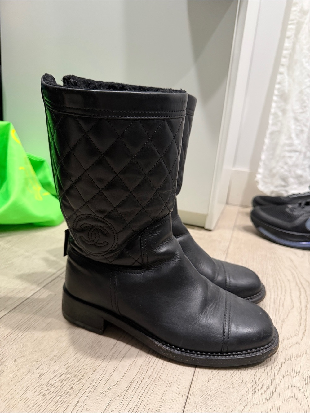 CHANEL Quilted Leather Mid-Calf Heeled Boots - Black